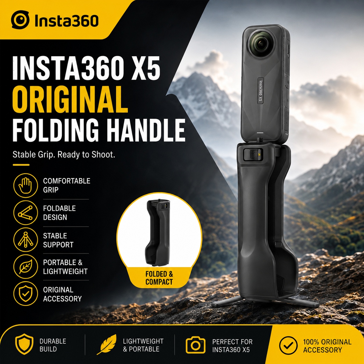 Photography Grip Insta360 X5 - Folding Handle for Insta360 X5 Lightweight
